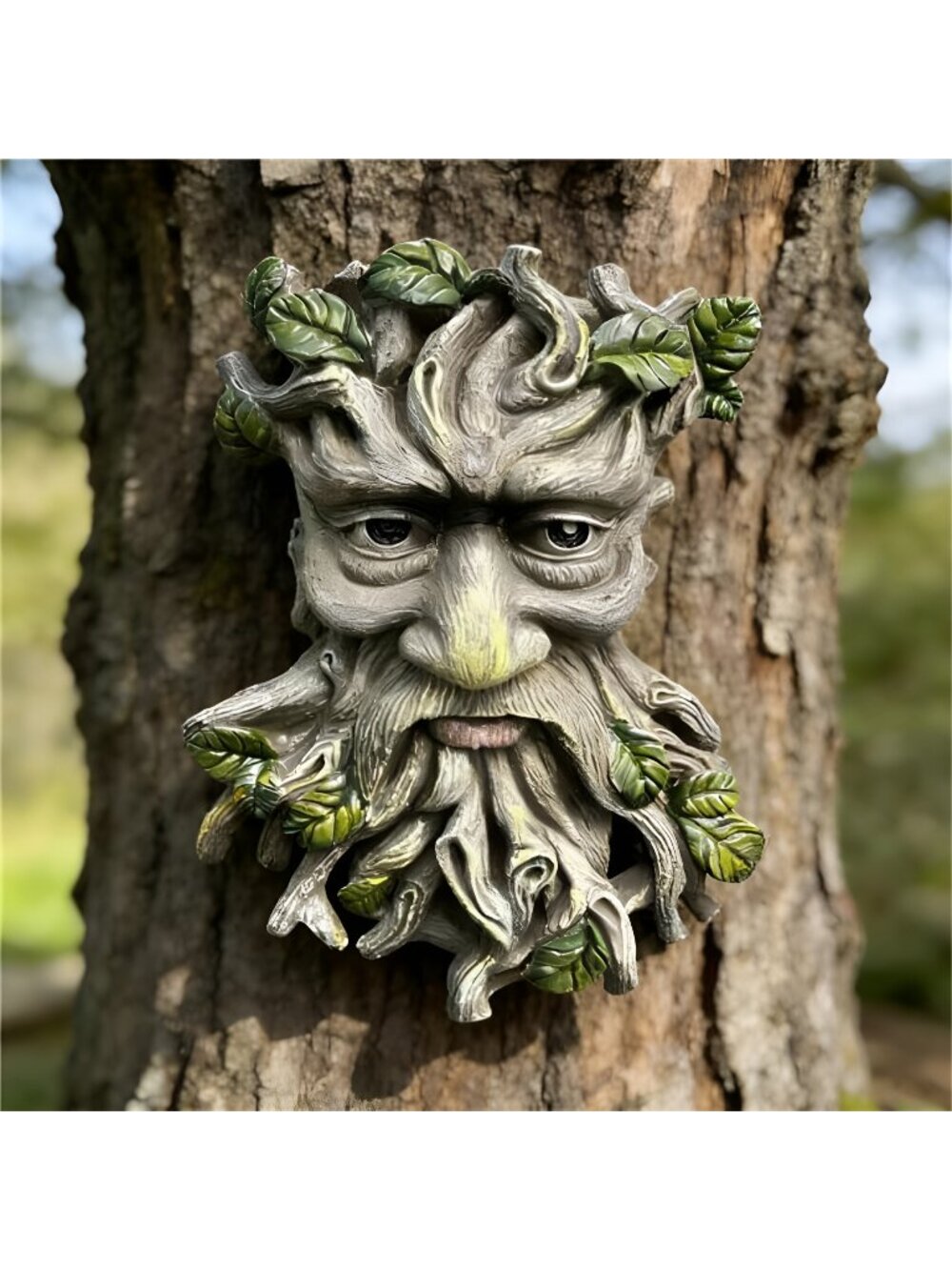 Tree Faces Decor Outdoor, Whimsical Old Man Resin Statue with Foliage Features